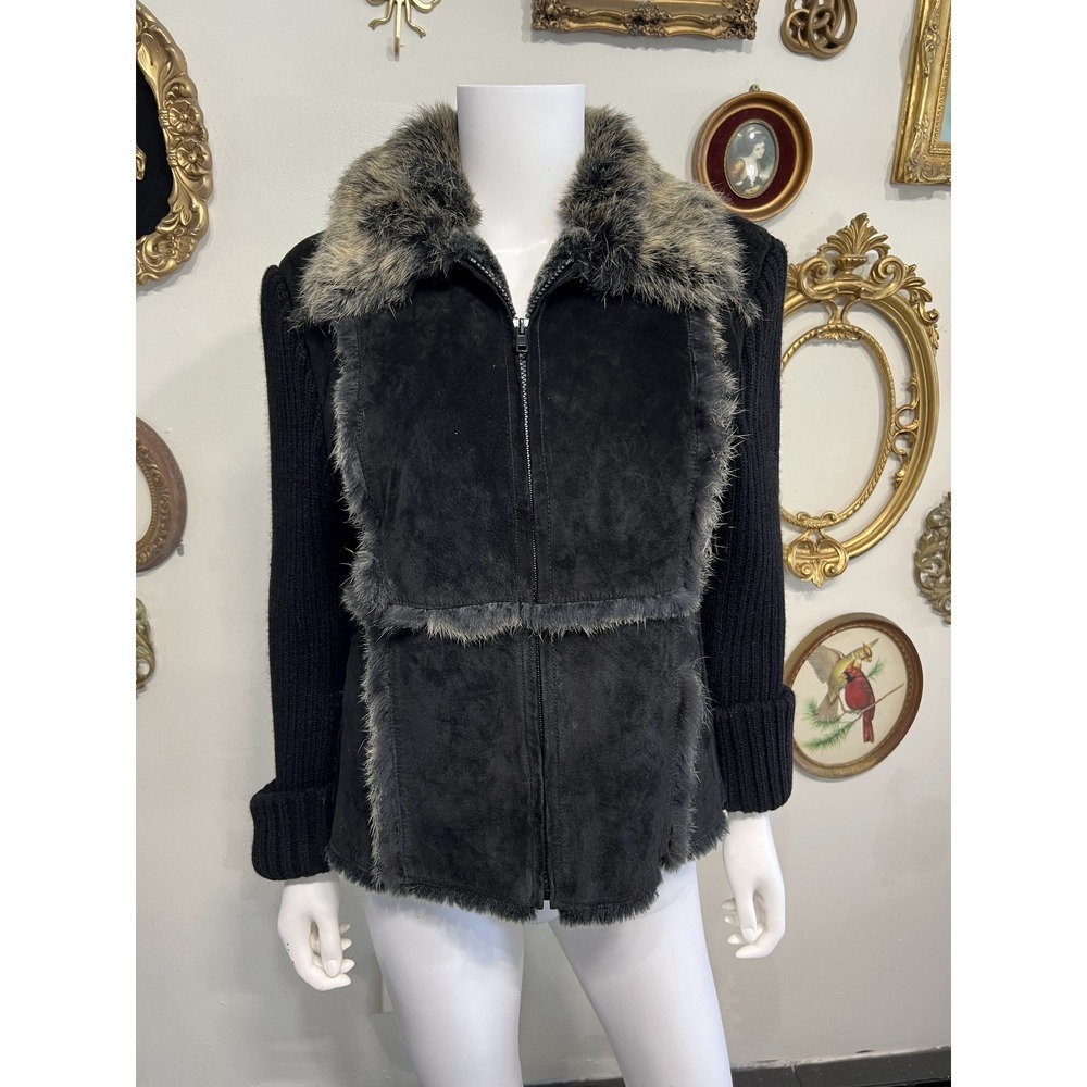 Vintage René Derhy Black Suede Rabbit Fur Knit Trim Penny Lane Jacket Large